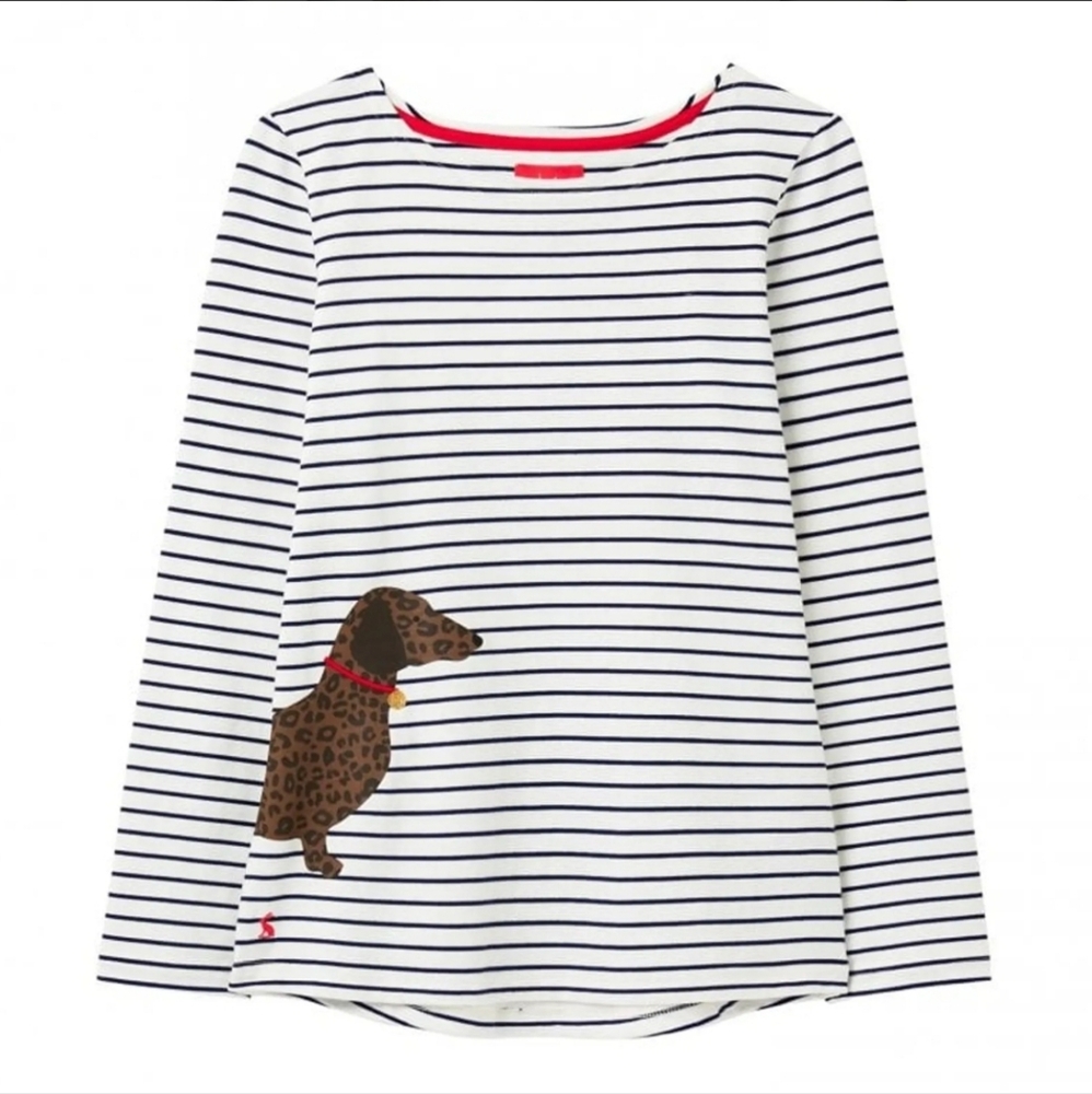 Joules White Black Striped Dachshund Dog Long Sleeve Top SZ 10 - Picture 3 of 6